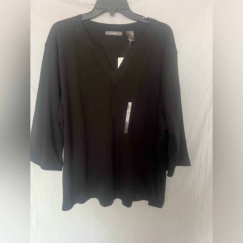 New Liz Claiborne black women v neck tunic top size 3X 100% cotton 3/4 sleeves